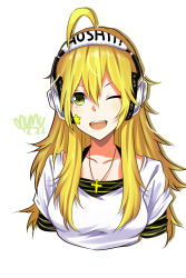 Rule 34 | 1girl, ;d, ahoge, blonde hair, character name, collarbone, cropped torso, cross, cross necklace, green eyes, headphones, highres, hoshii miki, idolmaster, idolmaster (classic), jewelry, long hair, looking at viewer, makise minami, necklace, one eye closed, open mouth, shirt, short sleeves, simple background, smile, solo, star (symbol), star print, very long hair, white background, white shirt