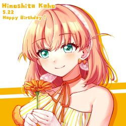 Rule 34 | 1girl, aqua eyes, blush, bow, bow earrings, character name, choker, closed mouth, collarbone, commentary request, crossed bangs, dated, dress, drop shadow, earrings, flower, gerbera, gloves, hairband, happy birthday, highres, hinoshita kaho, holding, holding flower, jewelry, lace, lace gloves, lace hairband, light smile, link! like! love live!, looking ahead, love live!, medium hair, orange background, orange choker, orange flower, orange hair, orange ribbon, ribbon, ribbon choker, sankin ( sankin510), single-shoulder dress, single bare shoulder, solo, suisai sekai (love live!), two-handed, two-tone background, two side up, upper body, virtual youtuber, white background, white dress, white gloves, white hairband