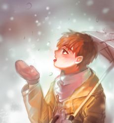 Rule 34 | 1boy, bad id, bad pixiv id, blush, emiya shirou, fate/stay night, fate (series), male focus, mittens, red mittens, samel10, scarf, snowing, solo, ssam (samel10), tongue, tongue out, umbrella, winter clothes