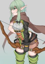 Rule 34 | 10s, 1girl, absurdres, black bow, boots, bow, bow (weapon), breasts, brown shorts, cloak, elf, gatchan, goblin slayer!, green eyes, green hair, hair bow, high elf archer (goblin slayer!), highres, hood, hooded cloak, looking to the side, pointy ears, shorts, sidelocks, small breasts, smile, solo, thigh boots, thighhighs, weapon