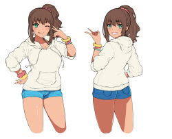 Rule 34 | 1girl, :p, absurdres, bad id, bad pixiv id, brown hair, cropped legs, dark-skinned female, dark skin, green eyes, grin, hai ookami, heart, heart-shaped pupils, highres, hood, hoodie, long hair, multiple views, one eye closed, original, ponytail, simple background, smile, symbol-shaped pupils, thighs, tongue, tongue out, v, white background