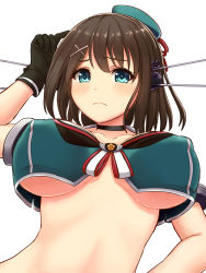 Rule 34 | 10s, 1girl, black gloves, blue eyes, blush, breasts, brown hair, choker, covered erect nipples, crop top, crop top overhang, from below, front-tie top, gloves, hair ornament, hairclip, hat, headgear, highres, inanaki shiki, kantai collection, large breasts, looking at viewer, looking down, maya (kancolle), maya kai ni (kancolle), md5 mismatch, midriff, short hair, simple background, sleeveless, solo, sweat, underboob, upper body, white background, x hair ornament