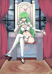 Rule 34 | 1girl, absurdres, blush, breasts, c.c., carpet, cleavage, code geass, crossed legs, curtains, detached sleeves, finger to mouth, green hair, high heels, highres, large breasts, long hair, looking at viewer, midriff, moon, navel, shoe dangle, sketch, solo, thighs, throne, very long hair, window, yellow eyes