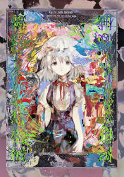 Rule 34 | 1girl, abstract, abstract background, blonde hair, blue dress, buttons, closed mouth, dress, framed, half-closed eyes, jacket girl (dipp), looking at viewer, maribel hearn, puffy short sleeves, puffy sleeves, red ribbon, ribbon, short hair, short sleeves, solo, touhou, tsukamoto anabone, upper body