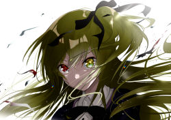 Rule 34 | 1girl, absurdres, assault lily, black capelet, black ribbon, blurry, capelet, closed mouth, collared shirt, commentary request, debris, depth of field, floating hair, hair between eyes, hair over mouth, hair ribbon, heterochromia, highres, kuo shenlin, lens flare, light brown hair, light particles, long hair, looking at viewer, meen (ouaughikepdvrsf), neck ribbon, non porn, one side up, portrait, red eyes, ribbon, school uniform, shade, shirt, simple background, solo, v-shaped eyebrows, white background, white shirt, yellow eyes, yurigaoka girls academy school uniform
