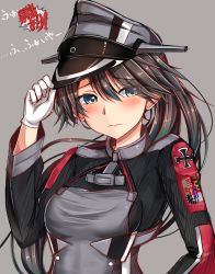 Rule 34 | 1girl, 3:, black hair, blue eyes, blush, breasts, cosplay, gloves, ace attorney, hat, highres, houshou (kancolle), kantai collection, long hair, military, military uniform, parody, peaked cap, prinz eugen (kancolle) (cosplay), prinz eugen (kancolle), sazamiso rx, sketch, solo, translation request, uniform
