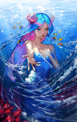 Rule 34 | 1girl, absurdres, air bubble, beckoning, blue dress, blue eyes, blue hair, breasts, bubble, butterflyfish, caustics, cleavage, closed mouth, clownfish, colored inner hair, commentary, cookie run, coral hair ornament, dress, english commentary, feet out of frame, fish, hand on own chest, highres, humanization, light smile, lips, liquid clothes, liquid hair, long hair, looking at viewer, medium breasts, multicolored hair, mumu914, outstretched hand, parted bangs, pink hair, regal blue tang, sea fairy cookie, seaweed, solo, strapless, strapless dress, tropical fish, underwater, water dress