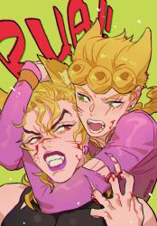 Rule 34 | 2boys, animal ears, blonde hair, blood, blood on face, blood on hands, braid, cat boy, cat ears, dio brando, earrings, fangs, father and son, giorno giovanna, green eyes, highres, honlo, jacket, jewelry, jojo no kimyou na bouken, lipstick, long hair, looking at another, makeup, male focus, multiple boys, open mouth, pectorals, pink jacket, purple lips, red eyes, scratches, teeth, torn clothes, vampire, vento aureo