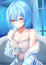 Rule 34 | 1girl, absurdres, bare shoulders, blue hair, blue nails, blush, breasts, camisole, cleavage, closed mouth, collarbone, commentary, fish, frilled camisole, frills, fur-trimmed jacket, fur trim, hair between eyes, highres, hololive, indoors, jacket, large breasts, looking at viewer, minase03mio, night, off-shoulder jacket, off shoulder, official alternate costume, official alternate hair length, official alternate hairstyle, partially unzipped, polka dot camisole, short hair, smile, solo, star (sky), virtual youtuber, yellow eyes, yukihana lamy, yukihana lamy (loungewear)