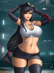 Rule 34 | 1girl, abs, absurdres, black hair, breasts, brown eyes, elbow gloves, female focus, final fantasy, final fantasy vii, final fantasy vii remake, flowerxl, gloves, highres, large breasts, bad tag, long hair, paid reward, patreon, patreon reward, shirt, square enix, standing, tagme, thick thighs, thighhighs, thighs, tifa lockhart, white shirt