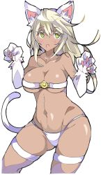 Rule 34 | 1girl, :o, animal ears, animal hands, bare shoulders, belt bra, blonde hair, blush, bra, breasts, cat ears, cat tail, claws, cleavage, collarbone, commentary request, contrapposto, dark-skinned female, dark skin, enpe, fang, graphite (medium), green eyes, groin, guilty gear, halloween, highres, large breasts, lingerie, looking at viewer, mechanical pencil, navel, panties, paw pose, pencil, ramlethal valentine, simple background, solo, standing, tail, thigh strap, traditional media, underwear, white background, white bra, white panties