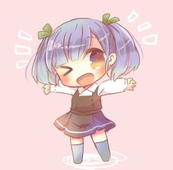 Rule 34 | 10s, 1girl, brown eyes, chibi, dress, full body, grey hair, kantai collection, kou hiyoyo, lowres, one eye closed, ooshio (kancolle), ooshio kai ni (kancolle), open mouth, outstretched arms, pinafore dress, pink background, simple background, sleeveless, sleeveless dress, solo, standing, twintails