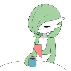 Rule 34 | 1girl, animated, blinking, bob cut, closed mouth, coffee, colored skin, creatures (company), cup, drink, female focus, flat chest, game freak, gardevoir, gen 3 pokemon, green hair, green skin, hair over one eye, half-closed eyes, holding, holding cup, holding drink, jitome, looping animation, mug, multicolored skin, naezoo, nintendo, one eye covered, pokemon, pokemon (creature), red eyes, short hair, simple background, sitting, solo, steam, table, tagme, two-tone skin, upper body, video, white background, white skin