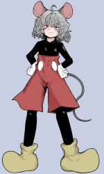 Rule 34 | 1girl, absurdres, ahoge, animal ears, closed mouth, cosplay, disney, fe (tetsu), full body, gloves, grey background, grey hair, hands on own hips, highres, looking at viewer, mickey mouse, mickey mouse (cosplay), mouse ears, mouse tail, nazrin, red eyes, red shorts, short hair, shorts, simple background, smile, solo, standing, tail, touhou, white gloves, yellow footwear