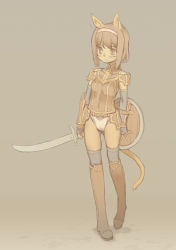 Rule 34 | 00s, 1girl, animal ears, bad id, bad pixiv id, blade (galaxist), brown eyes, brown hair, cat ears, cat tail, final fantasy, final fantasy xi, mithra (ff11), shield, solo, sword, tail, thighhighs, weapon