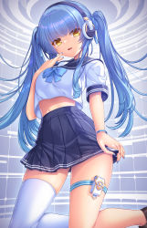 Rule 34 | 1girl, black footwear, black sailor collar, black skirt, blue bow, blue hair, blue nails, bow, breasts, brown eyes, commentary, english commentary, feet out of frame, headphones, highres, kneeling, long hair, looking at viewer, midriff peek, nail polish, navel, original, pleated skirt, sailor collar, school uniform, serafuku, shirt, shoes, short sleeves, single thighhigh, skirt, small breasts, solo, thigh strap, thighhighs, thighs, twintails, umitonakai, very long hair, white shirt, white thighhighs