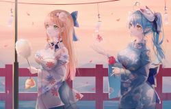 Rule 34 | 2girls, absurdres, ahoge, blonde hair, blue hair, blush, bow, breasts, candy apple, colored tips, cotton candy, elf, flower, food, gradient hair, green eyes, hair between eyes, hair flower, hair ornament, heart, heart ahoge, highres, hololive, japanese clothes, kimono, large breasts, long hair, mask, momosuzu nene, multicolored hair, multiple girls, obi, oni mask, pointy ears, sash, streaked hair, turbulence, virtual youtuber, wide sleeves, yellow eyes, yukihana lamy