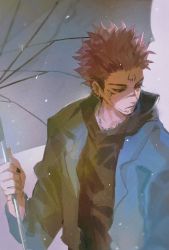 Rule 34 | 1boy, black hoodie, black nails, closed mouth, extra eyes, facial tattoo, holding, holding umbrella, hood, hoodie, jacket, jewelry, jujutsu kaisen, long sleeves, looking to the side, male focus, nail polish, necklace, pink hair, red eyes, ryoumen sukuna (jujutsu kaisen), short hair, solo, tattoo, umbrella, undercut, woshihedawei