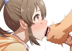 Rule 34 | 1boy, 1girl, bar censor, brown hair, censored, clothed female nude male, collared shirt, cum, cum in mouth, erection, fellatio, from side, hair between eyes, hetero, highres, hori yuko, idolmaster, idolmaster cinderella girls, male masturbation, masturbation, nude, open mouth, oral, penis, pink neckwear, ponytail, profile, red eyes, saliva, shirt, sidelocks, simple background, sweat, upper body, wasabi (wasalongt), white background