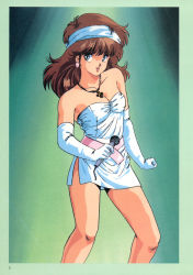 Rule 34 | 1980s (style), 1girl, absurdres, blue eyes, border, breasts, brown hair, cleavage, cream lemon, cross, cross necklace, dress, earrings, elbow gloves, gloves, green background, hairband, highres, holding, holding microphone, jewelry, long hair, medium breasts, microphone, necklace, official art, retro artstyle, page number, parted lips, retro artstyle, side slit, smile, solo, strapless, strapless dress, white dress, white gloves