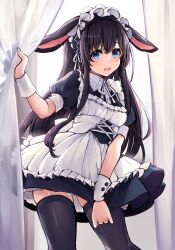 Rule 34 | 1girl, animal ears, ao no neko, black thighhighs, blue eyes, blush, covering privates, covering crotch, curtain grab, curtains, highres, long hair, looking at viewer, maid, maid headdress, open mouth, original, puffy short sleeves, puffy sleeves, rabbit ears, short sleeves, smile, solo, sweatdrop, thighhighs, wavy mouth, wrist cuffs