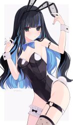 Rule 34 | 1388chan, 1girl, absurdres, animal ears, bare shoulders, black eyes, black hair, black leotard, blue hair, blue nails, bow, bowtie, breasts, colored inner hair, detached collar, eyeliner, facepaint, fake animal ears, fake tail, fate/grand order, fate (series), fishnets, highleg, highleg leotard, highres, leotard, long hair, looking at viewer, makeup, multicolored hair, playboy bunny, rabbit ears, rabbit tail, sidelocks, small breasts, solo, strapless, strapless leotard, tail, tenochtitlan (fate), thighhighs, wrist cuffs