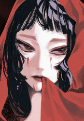 Rule 34 | 1girl, black hair, blood, blood on face, brown eyes, eyelashes, eyeliner, highres, hood, limited palette, long hair, looking to the side, makeup, mouth hold, original, pale skin, portrait, red theme, remon (10112), short bangs, solo, tsurime
