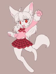 Rule 34 | 1girl, :3, ahoge, ancesra, animal ear fluff, animal ears, animal feet, animal hands, animal nose, arm up, artist name, barefoot, blush, body fur, bow, bowtie, brown background, child, claws, commission, fang, female focus, flat chest, flat color, fox ears, fox girl, fox tail, frilled shirt, frilled sleeves, frills, full body, furry, furry female, hand up, happy, highres, leg up, light blush, long hair, long sleeves, looking at viewer, miniskirt, open mouth, original, outstretched arm, patreon username, pawpads, pink shirt, plaid, plaid skirt, pleated skirt, red bow, red bowtie, red eyes, red skirt, shirt, sidelocks, simple background, sketch, skirt, smile, snout, solo, standing, standing on one leg, tail, watermark, web address, white fur, white hair