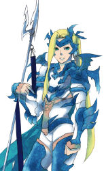 Rule 34 | 1990s (style), 1boy, aqua eyes, armor, bad id, bad pixiv id, blonde hair, bzp, cain highwind, cape, dragoon, dragoon (final fantasy), final fantasy, final fantasy iv, final fantasy iv: the after years, long hair, male focus, polearm, ponytail, smile, solo, spear, spoilers, standing, weapon, white background