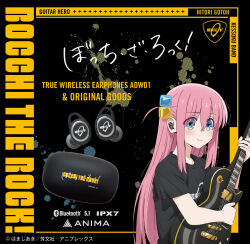 Rule 34 | ad, black shirt, bocchi the rock!, commentary request, cube hair ornament, earphones, electric guitar, gibson les paul, gotoh hitori, guitar, hair between eyes, hair ornament, highres, holding, holding instrument, instrument, kerorira, light blush, logo, long hair, official art, pink hair, shirt, stitched, sweatdrop, t-shirt, third-party edit, wireless earphones