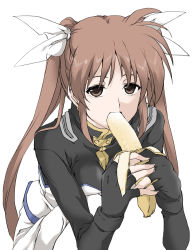 Rule 34 | banana, bodysuit, breasts, brown eyes, brown hair, elf (stroll in the woods), fellatio, fingerless gloves, food, fruit, gloves, hair ribbon, looking at viewer, lyrical nanoha, mahou shoujo lyrical nanoha, mahou shoujo lyrical nanoha strikers, medium breasts, oral, ribbon, sexually suggestive, simulated fellatio, sketch, solo, squatting, takamachi nanoha, twintails, white background, white ribbon