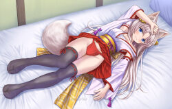 Rule 34 | 1girl, animal ear fluff, animal ears, arm up, bare shoulders, bed, bell, black thighhighs, blue eyes, blush, closed mouth, detached sleeves, fox ears, fox girl, fox tail, full body, fundoshi, grey hair, groin, hair bell, hair between eyes, hair ornament, highres, indoors, iroha (iroha matsurika), japanese clothes, jingle bell, kimono, long hair, long sleeves, looking at viewer, lying, no shoes, nontraditional miko, obi, on back, on bed, original, parted bangs, pillow, pleated skirt, red skirt, ribbon-trimmed legwear, ribbon-trimmed sleeves, ribbon trim, sarashi, sash, skirt, sleeveless, sleeveless kimono, smile, solo, tabi, tail, thighhighs, twitter username, very long hair, white kimono, white sleeves, wide sleeves