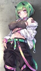 Rule 34 | 1girl, abs, absurdres, ayaoshiro, bare shoulders, belt, black pants, black shirt, breasts, bub shoku, closed mouth, covered erect nipples, crop top, goggles, goggles around neck, green hair, hand on own stomach, heart, heart-shaped eyewear, highres, horns, indie virtual youtuber, jacket, large breasts, long sleeves, looking at viewer, midriff, navel, off shoulder, open clothes, open fly, open jacket, panties, pants, panty peek, pink eyes, shirt, short hair, shoulder tattoo, sleeveless, sleeveless shirt, smile, solo, standing, stomach, tattoo, torn clothes, torn shirt, underwear, virtual youtuber, white jacket