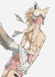 Rule 34 | 1girl, animal ear fluff, animal ears, arched back, ass, blonde hair, clothes lift, commentary, cowboy shot, dark-skinned female, dark skin, extra ears, gloves, gradient hair, grey background, hands on own thighs, highres, inconvenient tail, jacket, kemono friends, long sleeves, looking at viewer, multicolored hair, panties, pantyshot, scarf, short hair, simple background, skirt, skirt lift, solo, tail, tail under clothes, tanabe (fueisei), thighhighs, tundra wolf (kemono friends), underwear, white gloves, white hair, white skirt, wolf ears, wolf girl, wolf tail, yellow eyes, yellow jacket, yellow panties, yellow thighhighs