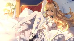 Rule 34 | absurdres, artist request, azur lane, bed, black headband, blonde hair, blue eyes, breasts, cleavage, clothes, crown, dress, headband, highres, looking at viewer, official art, pillow, plant, queen elizabeth (azur lane), shoes, tagme, white dress