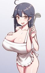 Rule 34 | 1girl, ahoge, apron, black hair, breasts, brown eyes, cleavage, collarbone, cowboy shot, frilled apron, frills, gradient background, grey background, highres, huge breasts, kantai collection, ladle, long hair, naked apron, solo, ushio (kancolle), white apron, yuki to hana