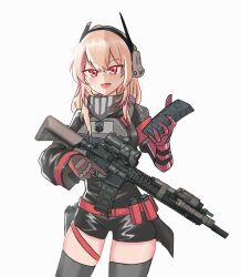 Rule 34 | 1girl, absurdres, assault rifle, bandana, black bandana, black thighhighs, blonde hair, chrispy tuna, commentary, cowboy shot, english commentary, girls&#039; frontline, gloves, gun, hair between eyes, handgun, headset, highres, holding, holding gun, holding weapon, holster, long hair, looking at viewer, m4 sopmod ii (girls&#039; frontline), magazine (weapon), mechanical arms, multicolored hair, open mouth, red eyes, red gloves, red hair, rifle, sharp teeth, simple background, single mechanical arm, solo, streaked hair, teeth, thighhighs, trigger discipline, weapon, white background