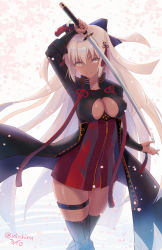 Rule 34 | blonde hair, breasts, cleavage, cleavage cutout, clothing cutout, dark-skinned female, dark skin, fate/grand order, fate (series), holding, holding sword, holding weapon, long hair, majin saber, okita souji (fate), okita souji alter (fate), smile, solo, sword, thigh strap, very long hair, warrior, weapon, yellow eyes