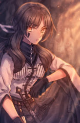 Rule 34 | 1girl, black gloves, bow, brown eyes, brown hair, facial mark, gloves, hair bow, knee up, knife, long hair, looking at viewer, mightyena, moe (hamhamham), personification, pokemon, sheath, sheathed, sitting, solo, wide sleeves