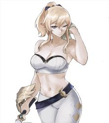 Rule 34 | 1girl, bare shoulders, belt, blonde hair, breasts, cleavage, collarbone, commentary, cowboy shot, english commentary, genshin impact, gluteal fold, hair between eyes, holding, holding sword, holding weapon, jean (genshin impact), large breasts, midriff, navel, one eye closed, ponytail, simple background, sleeveless, solo, standing, stomach, strapless, sword, tommy (kingdukeee), tube top, weapon, white background