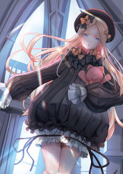 Rule 34 | 1girl, abigail williams (fate), black bow, black dress, black hat, blonde hair, bloomers, blue eyes, bow, bug, butterfly, commentary request, day, dreamkite, dress, dutch angle, fate/grand order, fate (series), forehead, hair bow, hat, hugging object, indoors, insect, long hair, long sleeves, looking at viewer, multiple hair bows, orange bow, parted bangs, parted lips, polka dot, polka dot bow, railing, sleeves past fingers, sleeves past wrists, solo, stuffed animal, stuffed toy, sunlight, teddy bear, underwear, very long hair, white bloomers