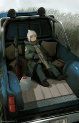 Rule 34 | 1girl, artist name, assault rifle, beanie, blonde hair, blue eyes, blue pants, brown footwear, coat, dated, dead-robot, fn scar, grass, green coat, gun, hat, holding, holding gun, holding weapon, license plate, looking at viewer, mixed-language commentary, motor vehicle, on vehicle, original, pants, pickup truck, rifle, rocket launcher, rpg (weapon), shoes, sitting, truck, watermark, weapon