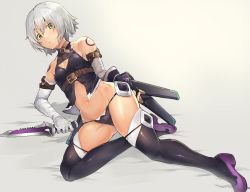 Rule 34 | 1girl, arm belt, bandaged arm, bandages, bare shoulders, black panties, black thighhighs, boots, breasts, chest belt, commentary, dagger, facial scar, fate/apocrypha, fate (series), green eyes, holding, holding dagger, holding knife, holding weapon, jack the ripper (fate/apocrypha), knife, midriff, navel, panties, purple footwear, scabbard, scar, scar across eye, scar on cheek, scar on face, sheath, short hair, silver hair, small breasts, solo, sumisu (mondo), thigh boots, thighhighs, underwear, weapon
