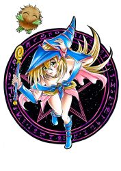 Rule 34 | 1girl, artist request, bare legs, bare shoulders, blonde hair, boots, breasts, choker, cleavage, dark magician girl, demon, duel monster, female focus, hat, highres, kuriboh, large breasts, long hair, looking at viewer, magical girl, skirt, smile, traditional media, wizard hat, yu-gi-oh!, yuu-gi-ou, yu-gi-oh! duel monsters