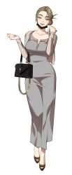 Rule 34 | 1girl, absurdres, bag, bosssama, breasts, brown eyes, dress, folded ponytail, full body, green hair, grey dress, grin, handbag, high heels, highres, korean commentary, large breasts, long sleeves, looking at viewer, mask, mask pull, mouth mask, original, smile, solo, white background