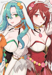 Rule 34 | 2girls, :d, animal ears, aqua hair, arm up, bare shoulders, bow, braid, breasts, chloe (fire emblem), choker, cleavage, commentary request, cordelia (fire emblem), detached sleeves, elbow gloves, fake animal ears, fire emblem, fire emblem awakening, fire emblem engage, fire emblem heroes, gloves, green eyes, hair bow, highres, large breasts, long hair, looking at viewer, multiple girls, nintendo, official alternate costume, open mouth, orange bow, orange choker, pantyhose, peach11 01, puffy short sleeves, puffy sleeves, rabbit ears, red eyes, red hair, red pantyhose, short sleeves, smile, upper body, very long hair, white gloves