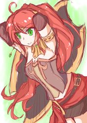 Rule 34 | 1girl, arm up, armor, bare shoulders, belt, belt buckle, breasts, buckle, choker, circlet, cleavage, closed mouth, elbow gloves, floating hair, gloves, greaves, green eyes, high ponytail, highres, large breasts, long hair, miniskirt, ponytail, pyrrha nikos, red hair, rwby, skirt, solo
