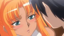Rule 34 | 1boy, 1girl, animated, animated gif, bare shoulders, blue eyes, blush, close-up, dark skin, eye contact, closed eyes, french kiss, futaba lili ramses, hair ribbon, hetero, indoors, kiss, long hair, looking at another, open mouth, orange hair, ribbon, saliva, tachibana ichirou, tentacle and witches, tongue, tongue out, upper body