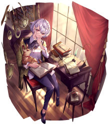 Rule 34 | 1girl, absurdres, animal, book, book stack, bookshelf, chair, curtains, desk, essual (layer world), glasses, highres, inkwell, lamp, looking at viewer, open book, original, pointy ears, quill, red eyes, short hair, silver hair, smile, solo, stool