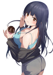 Rule 34 | 1girl, absurdres, ass, back, bare shoulders, black jacket, blue hair, blue sports bra, blush, boku no kokoro no yabai yatsu, breasts, brown eyes, cleavage, commentary, dark blue hair, eating, food, from behind, grey shorts, highres, holding, holding food, jacket, large breasts, long hair, long sleeves, looking back, mole, mole on neck, muffin, off shoulder, pantylines, pige pig, shorts, simple background, solo, spaghetti strap, sports bra, white background, yamada anna